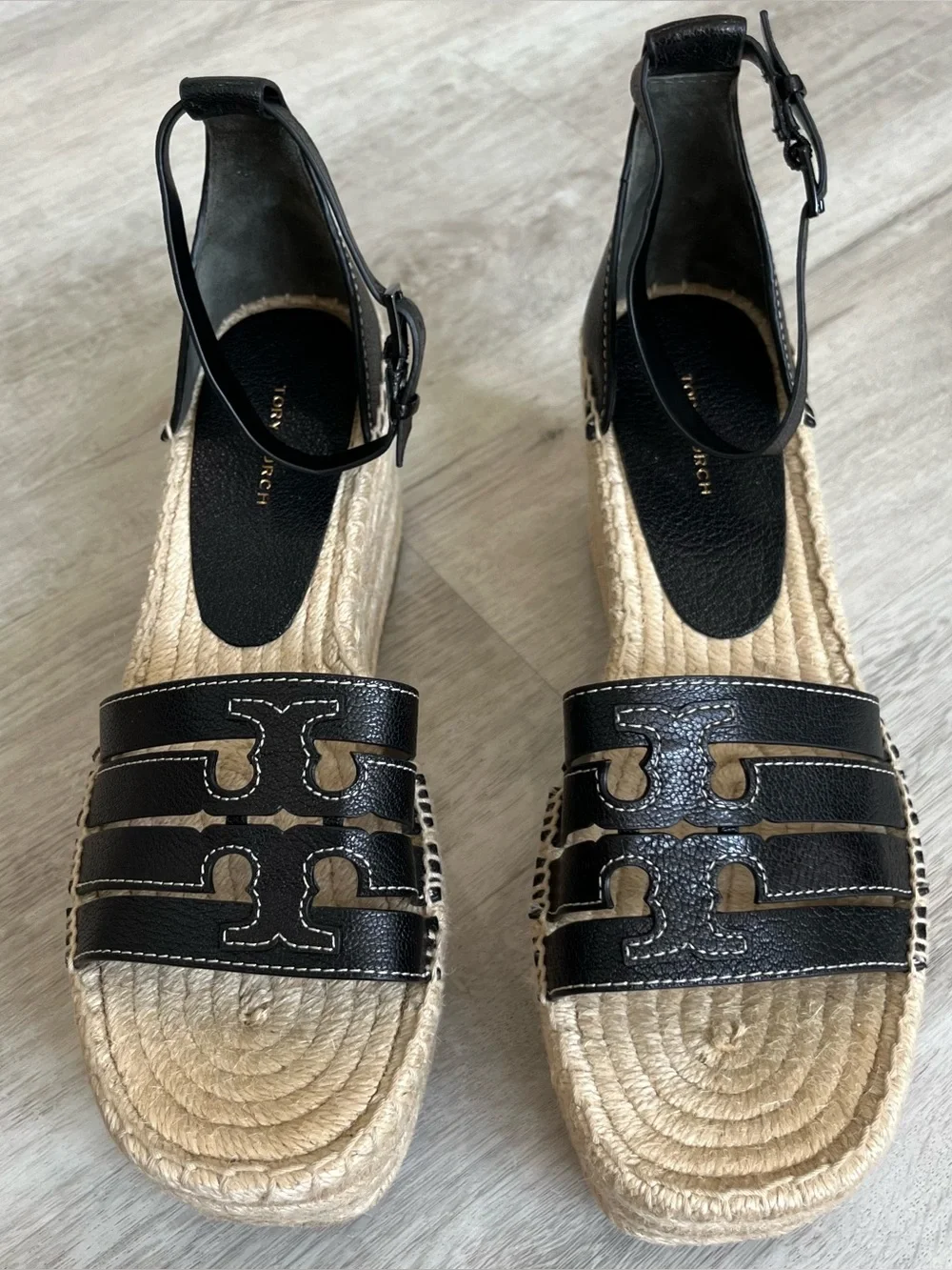 Tory Burch Ines Wedge Espadrille Sandals  Black Leather Sz 9 New 154464 Designer